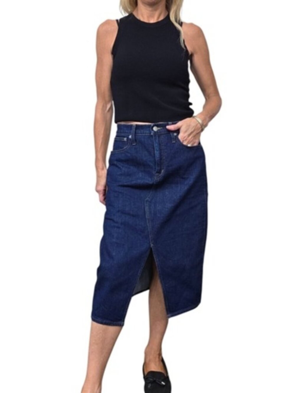 J.Crew Dark Rinse Denim Pencil Midi Skirt Front Slit 27 AJ982